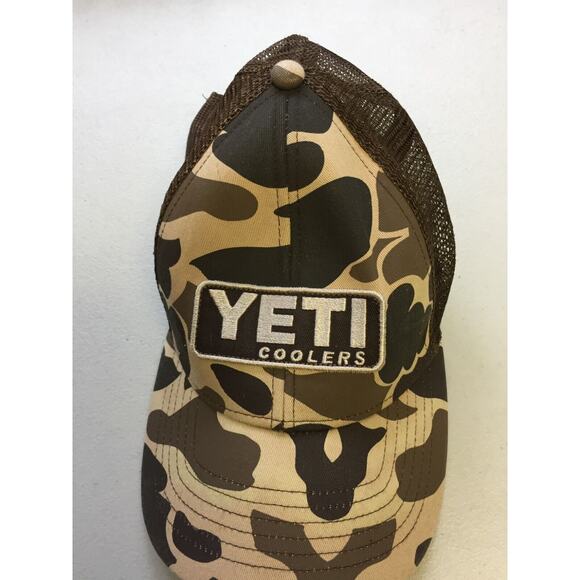 Yeti Coolers Brown Green Camo Patch Logo Snapback Trucker Cap Mesh Back One Size - Picture 1 of 2